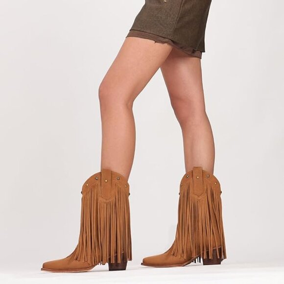 NEW! Cowgirl Boots with Star Studded, Pointed Toe and Chunky Heel – Mid Calf - Picture 2 of 4